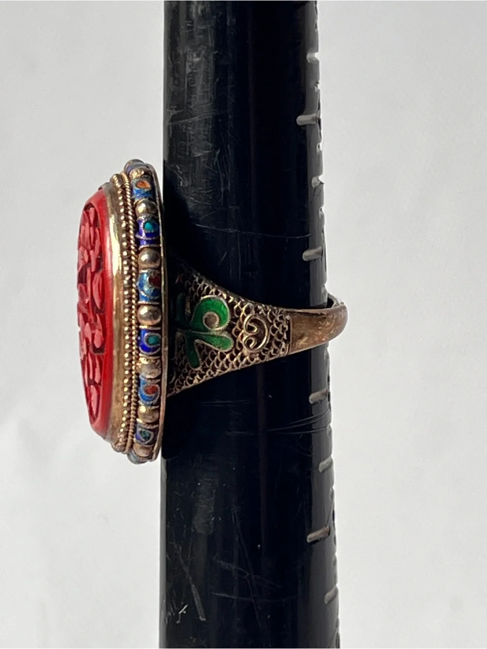 Antique Chinese Cinnabar Ring Carved Floral Silver Gold Gilt Enamel Adjustable